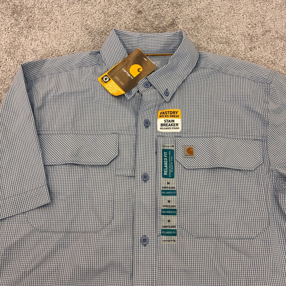 NWT Carhartt Force Mens Medium Relaxed Fit Short Sleeve Plaid Work Shirt Blue M